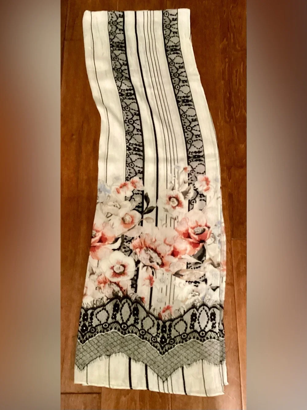 Vintage Boho Floral Faux Lace Print Scarf Wrap 68” x 20” Shabby Chic Cottagecore